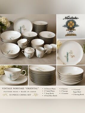 Vintage Noritake Oriental 6341 Japan 55-Piece China Set Bamboo Gold Trim dinner